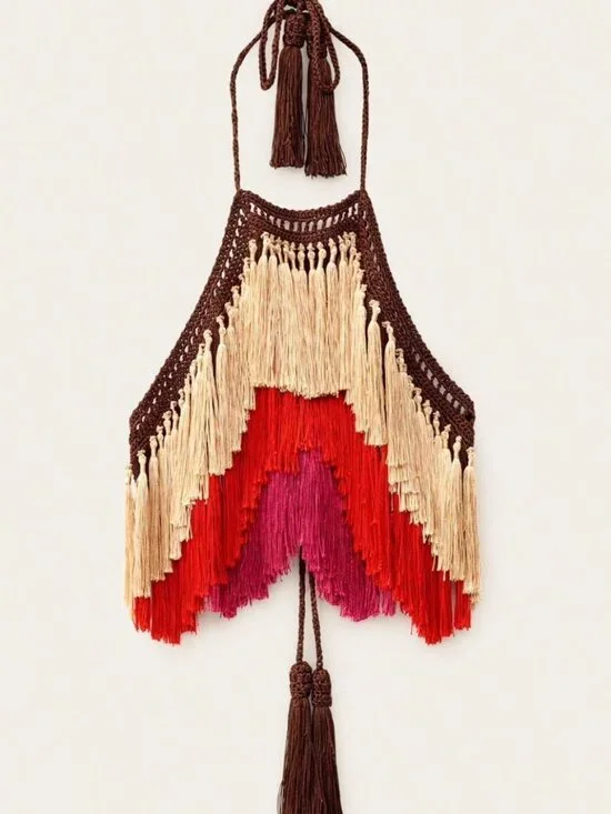 Multicolor Casual Women's Boho Crochet Fringe Halter Crop Tank Top - Picture 7 of 7